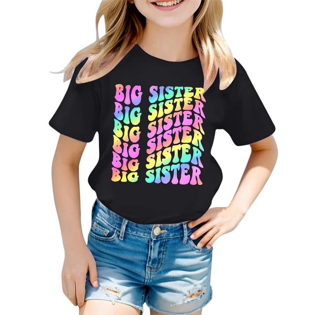 LUOGENLI T-Shirt pour Filles Mode Décontractée Lettre Col Rond Manches Courtes T-Shirt Haut 4 Maxi Ensemble Tendance Noir 6-7 Ans