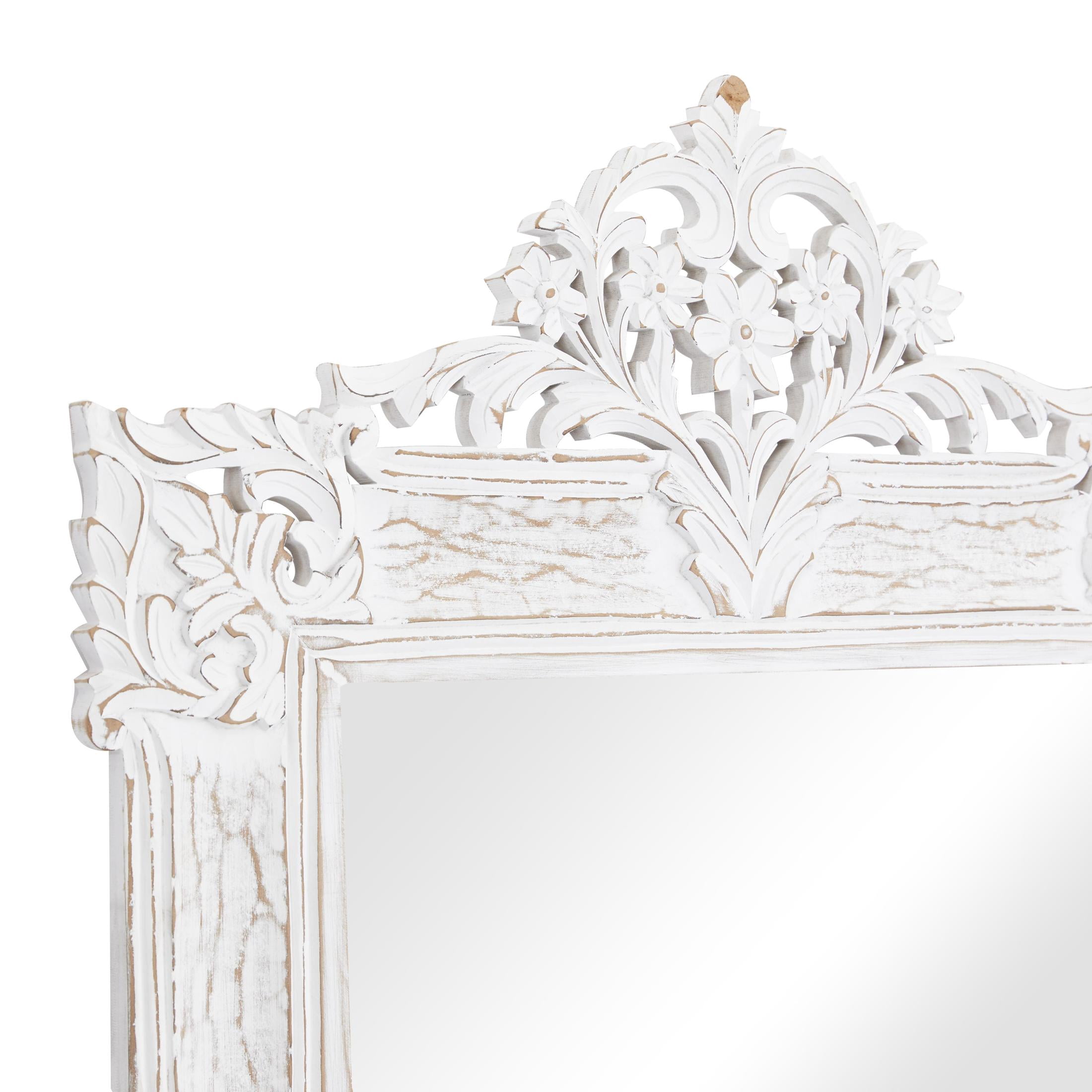 DecMode 36" x 69" White Intricately Carved Acanthus Floral Wall Mirror
