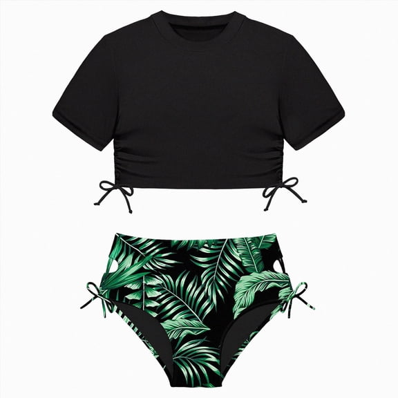 Xudanell Girls Swimsuits Piece Floral Tankini Bathing Suit Size 6-15 Years (7-8 Years,Black)