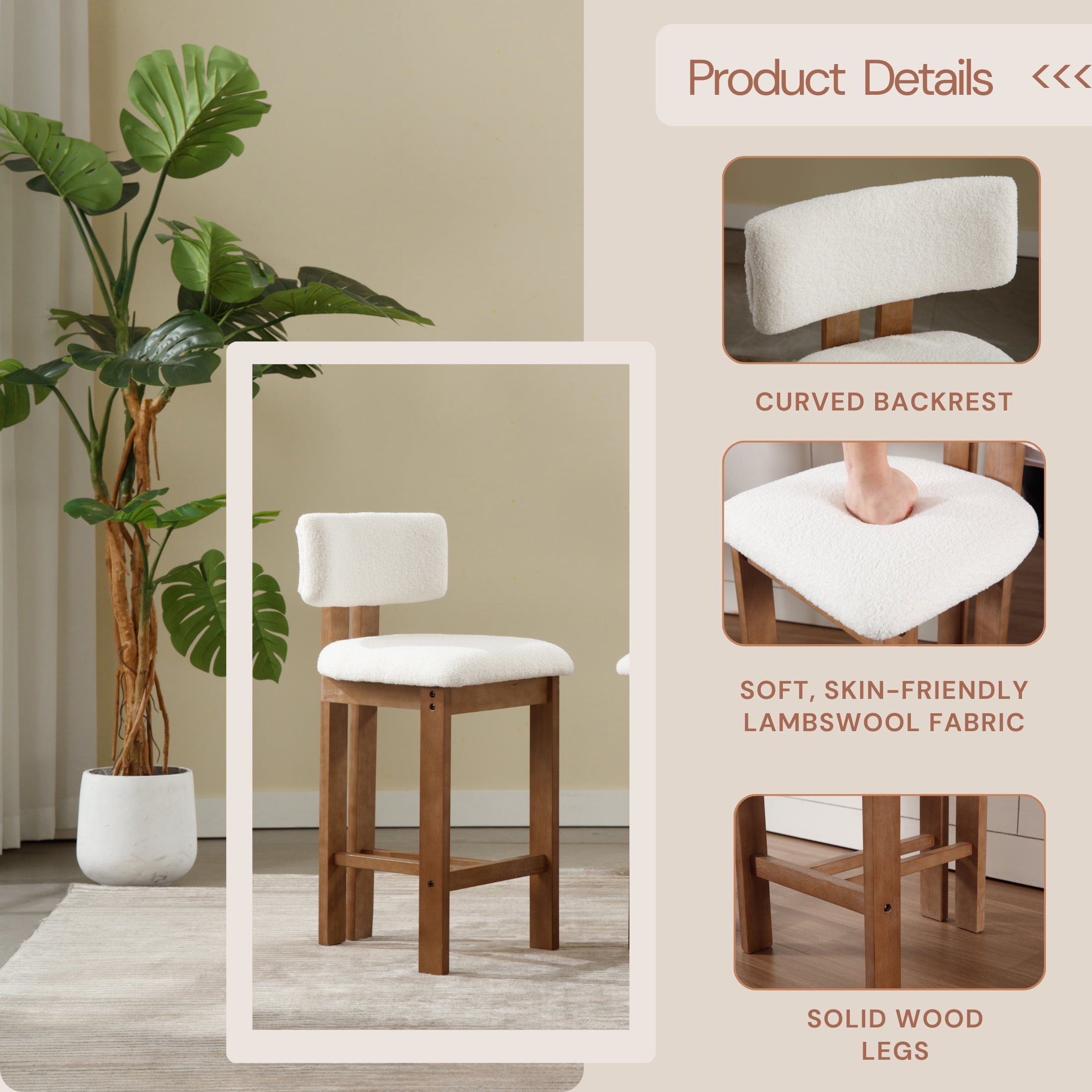 Guyou Modern Bar Stools Set of 2, 26 Inch Counter Height Bar Stools with Curved Backrest, Linen Upholstered Counter Stools, Wooden Kitchen Island Chairs for Kitchen Bar Cafe, Beige