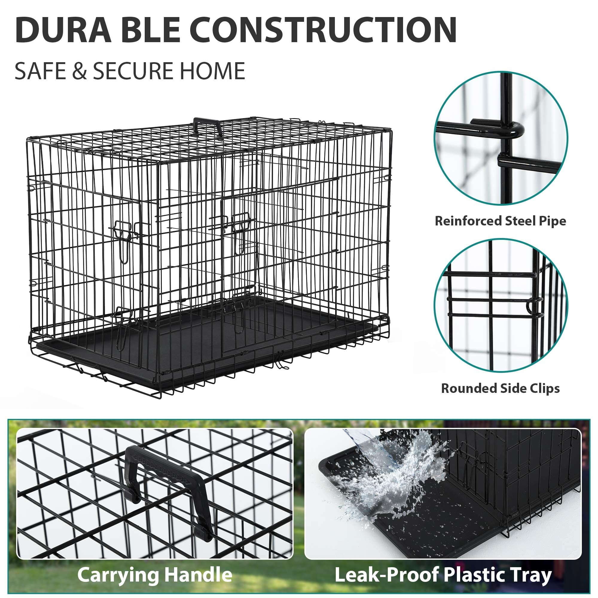 CL.HPAHKL 24 Inch Double Door Folding Portable Metal Dog Crates for Small Dogs, Small Dog Cages with Removable Trays, Locks, Divider Panel, Handle Dog Kennel for Travel, Outdoor, Carry, Home, Black