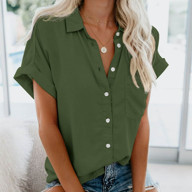 Vintage Womens Solid Short Sleeve Shirts Tops Fashion Ladies Loose Casual  Lapel Short Sleeve Blouse Solid Top Chiffon Blouse 