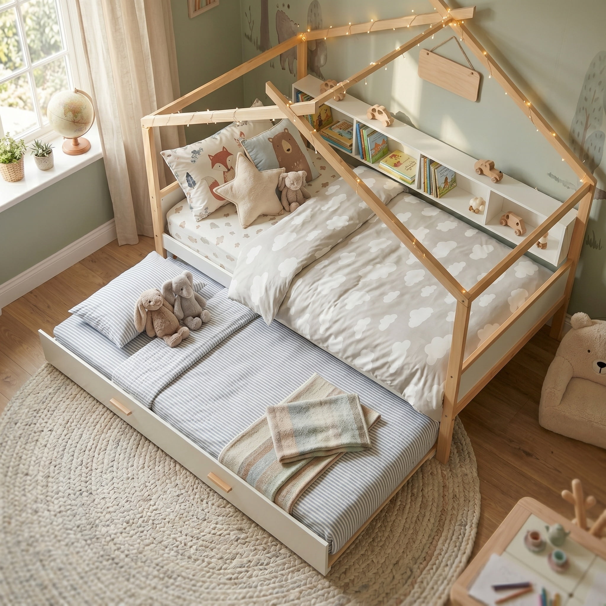 Euroco Wood Twin Size House Bed with Bookcase and Trundle Bed, White