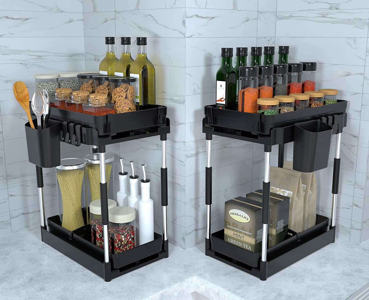 Double Sliding Under Sink Organizers and Storage - 2 Tier Pull Out Under Kitchen Cabinet Organizer w 2 Hanging Cup,6 Hooks,2 Dividers, Under Counter Sink Organization for Bathroom, Adjustable H and W
