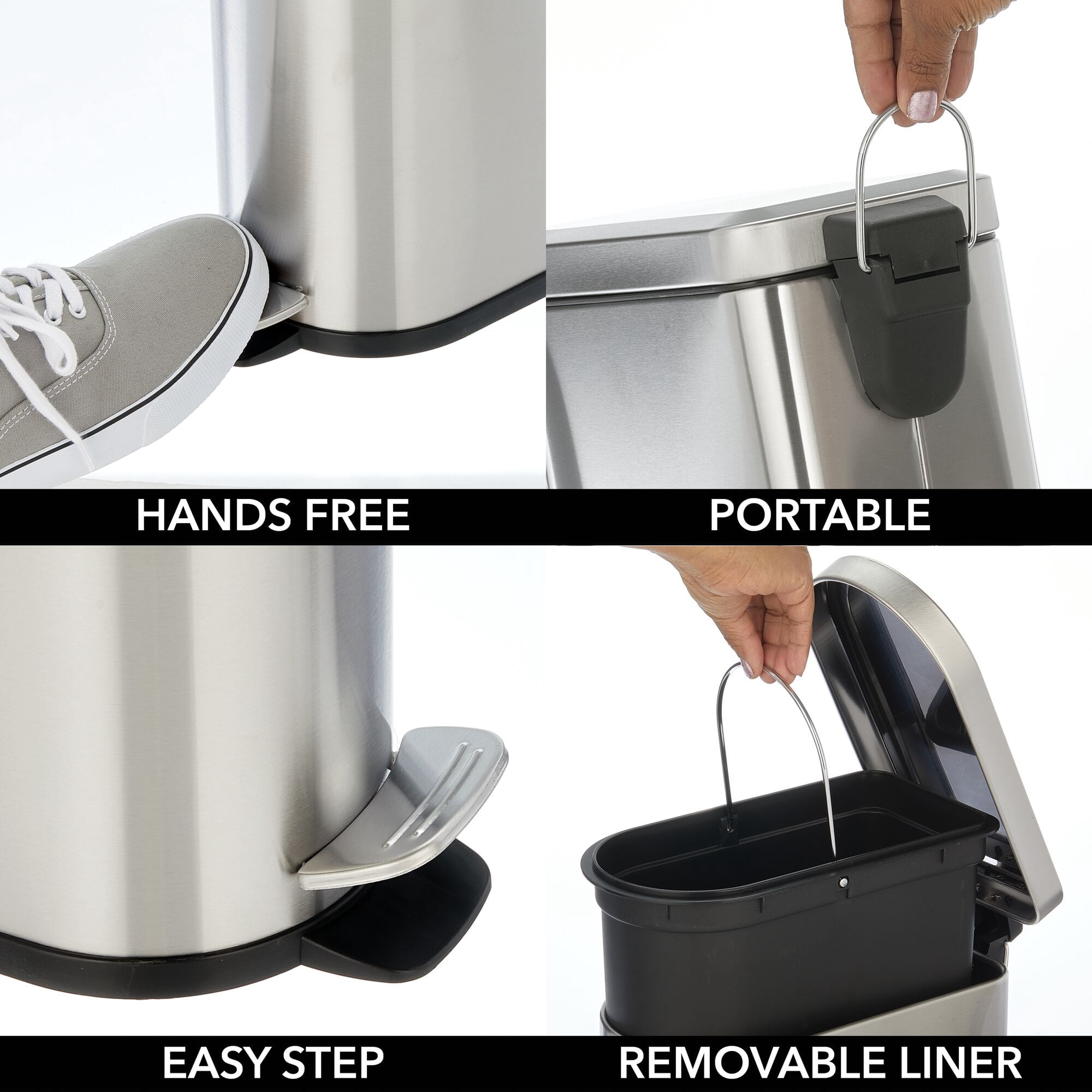 mDesign  1.3 Gallon Bathroom D-Shape Metal Step Trash Can, Brushed/Chrome