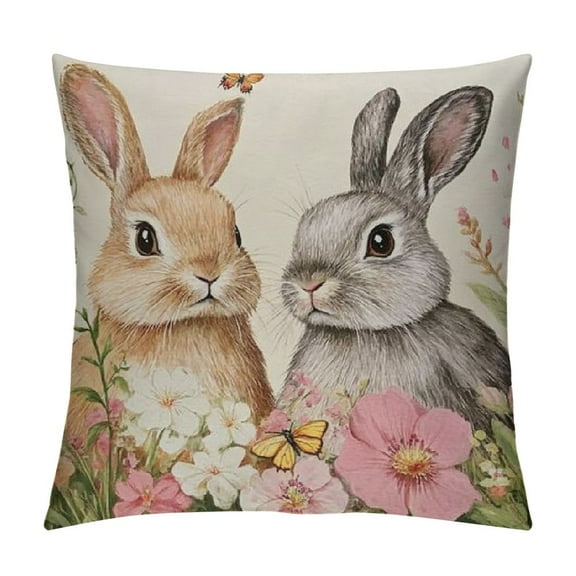 PRATYUS Spring Easter Pillow Covers Pink Flower Bunny Throw Pillow Covers Easter Floral Rabbit Outdoor Pillow Cases Cushion Covers for Couch Sofa Bedroom Easter Decorations 12x12in
