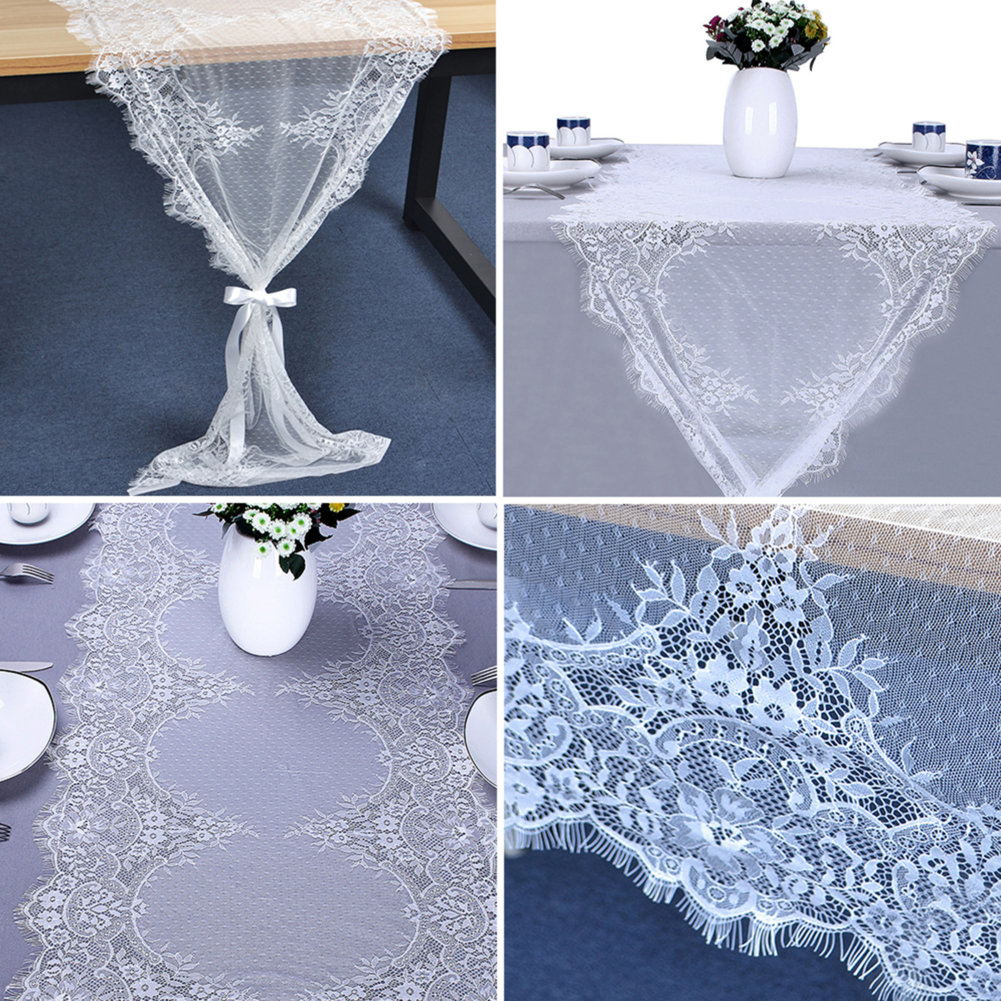 Floral Table Runner White Lace Tablecloth Boho Dining
