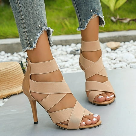 

HOLXI 2024 Women s Summer Back Zipper Elastic High Heel Sandals Crisscross Bands Party Wear Stiletto Elegant High Heels
