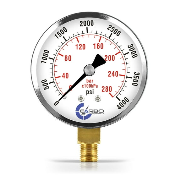 CARBO Instruments 2- 1/2" Pressure Gauge, Chrome Plated Steel Case, Dry, 0-4000 psi/kPa, Lower Mount 1/4" NPT