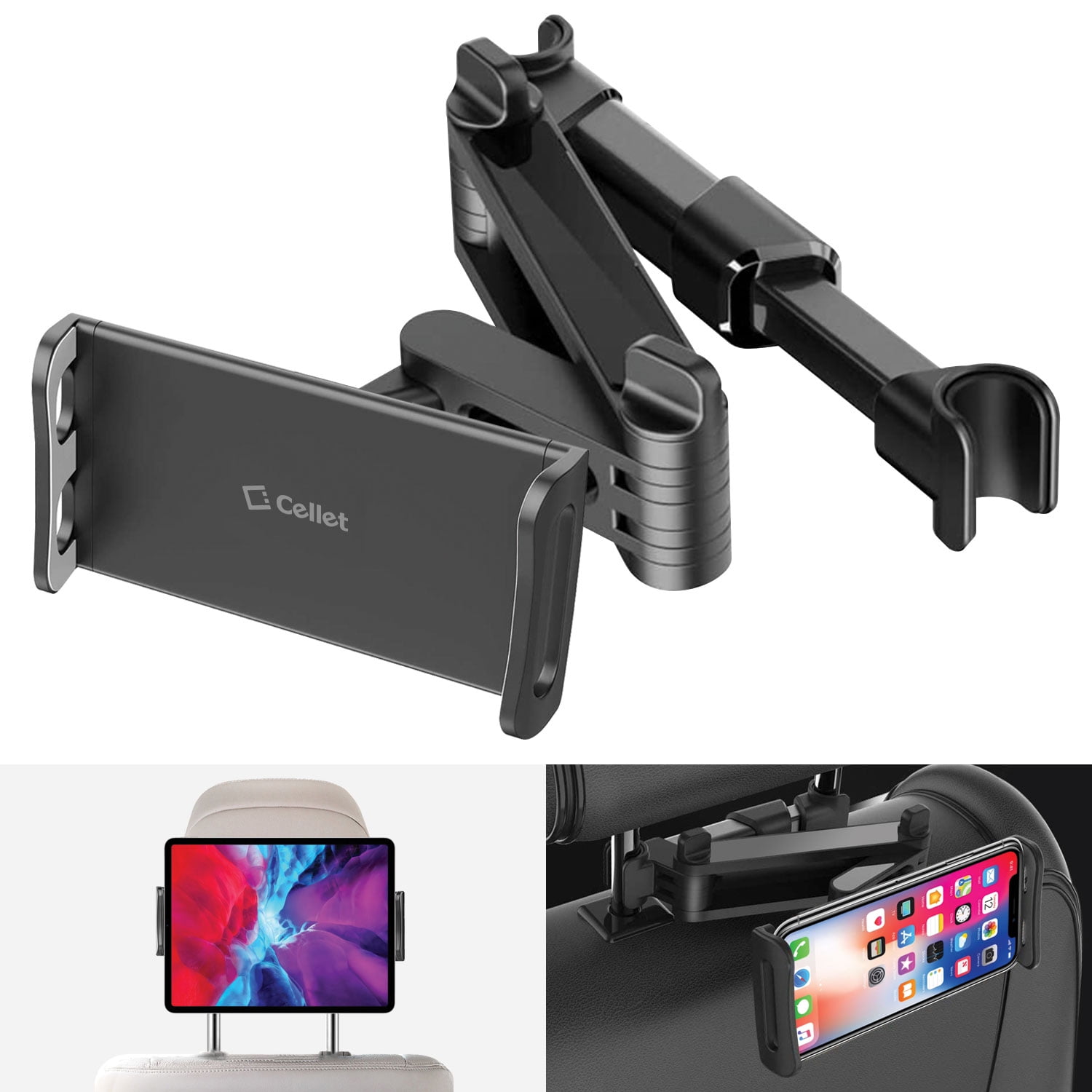 2 in 1 360 Degree Rotation Premium Center Car Seat Headrest Mount with Universal Tablet Fits All Under 10 inch Screens Smartphone Cradle Holder for iPad Pro 9.7 ipad Air iPad Mini 