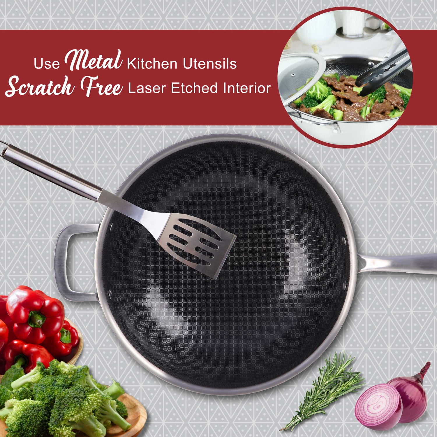 Brentwood 12-In. 4.2-Qt. 3-Ply Hybrid Non-Stick Stainless Steel Wok with Glass Lid