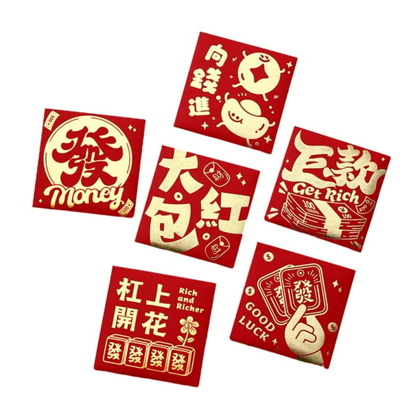 6 sobres rojos de Año Nuevo Chino, pequeños sobres cuadrados Hongbao para la suerte Estilo F