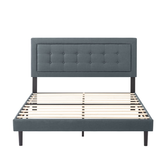 Queen Size Upholstered Platform Bed Frame, Dark Gray Tufted Headboard, No Box Spring Needed Sturdy Bed Frame for Bedroom, Easy Assembly