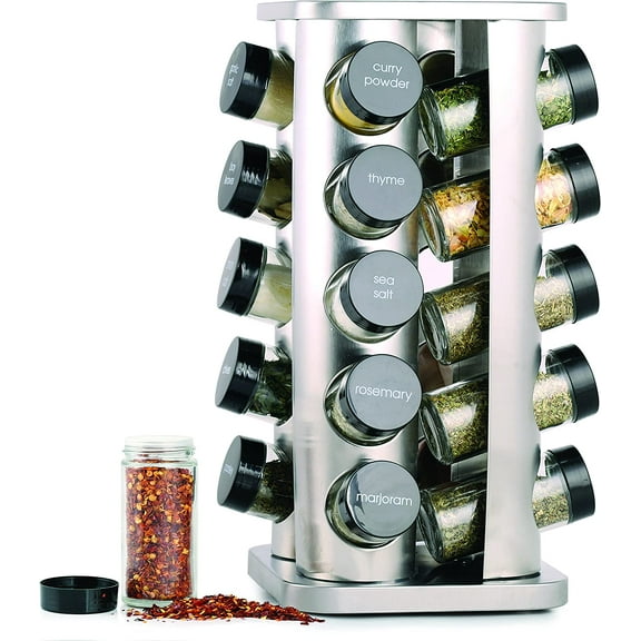 20 Jar Spice Rack with Spices Included - Revolving Tower Organizer for Kitchen Spices and Seasonings, (Stainless Steel)