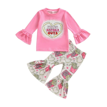 

xingqing 1-5Yeas Valentine s Day Toddler Baby Girl Outfit Ruffle Long Sleeve Sweatshirt Fries Flared Pants 3Pcs Set Pink 6-12 Months