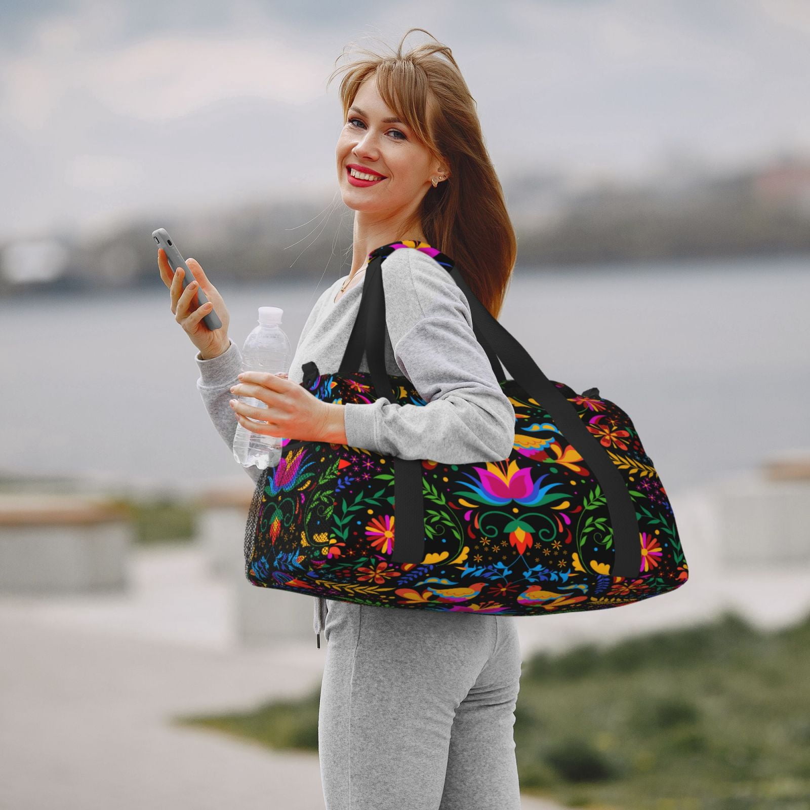 Defioc Mexican Flower Traditional1 Print Hand Travel Bag - Foldable Travel Duffel Bags for Men Women -Sport Gym Bag - Overnight Travel Duffel Bag - Adjustable Shoulder Strap