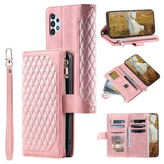 SaniMore for Samsung Galaxy A35 Wallet Case, Wrist/Crossbody Lanyard, 3D Lattice PU Leather Kickstand Zipper Purse Card Slots Magnetic Clasp Shockproof TPU Shell Anti-drop, Pink
