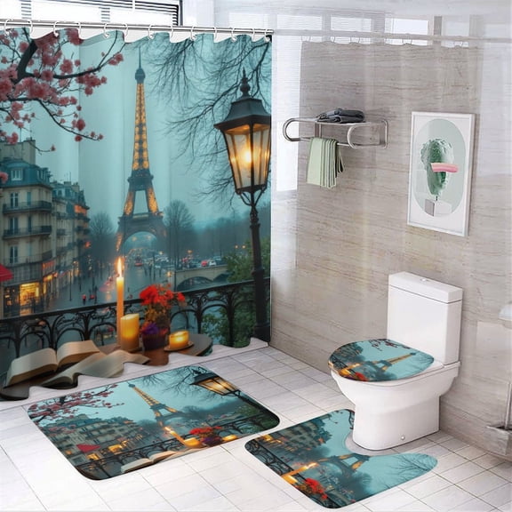 Paris Eiffel Tower View Shower Curtain Set Modern Bathroom Decor Mats 4pcs Fabric Bathroom Curtain Slip Floor Rug Toilet Lid