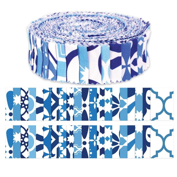 Soimoi 40Pcs Mosaic Print Precut Fabrics Strips Roll Up 1.5x42inches Cotton Jelly Rolls For Quilting - Medium Blue
