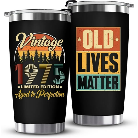 50th Birthday Gifts for Him, Her - 1975 50th Birthday Decorations - Funny 50 Year Old Gifts for Men, Women, Dad, Husband, Mom, Wife - Cool Turning 50 Ideas - 20oz Black Tumbler Cup Gift Box