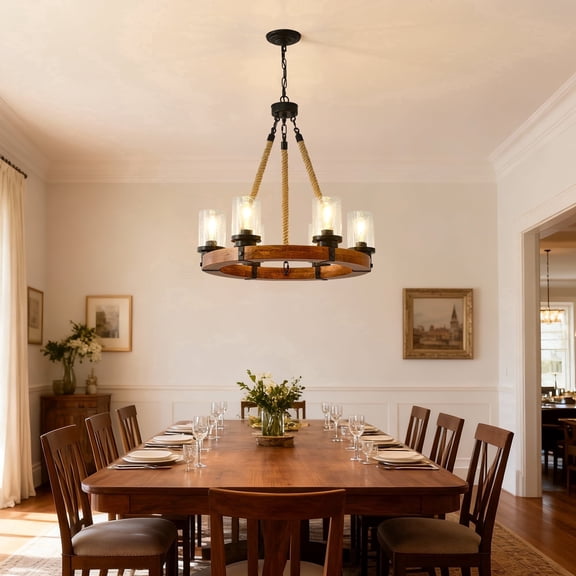 6-Light Farmhouse Wagon Wheel Chandelier with Seeded Glass Shades, Rustic Wood Pendant Light, E26 Base, Adjustable Chain, Hardwired
