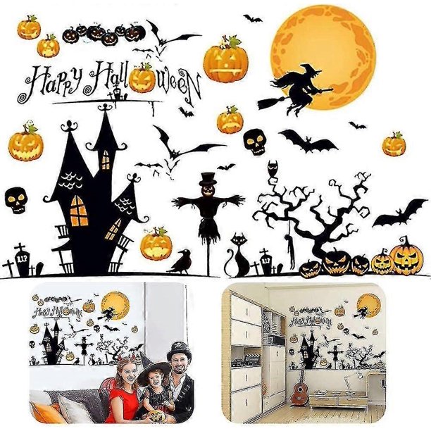 Pegatinas de pared y ventanas de Halloween, autoadhesivas y removibles, con diseño de murciélagos, calaveras y calabazas, ideales para decorar paredes y ventanas en fiestas de Halloween.