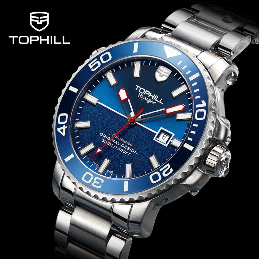 TOPHILL Men Calendar Vintage Swiss Analog Automatic Self-Winding Mechanical Movement Wrist Watch Steel Leather Band Sapphire Crystal Waterproof Luminous Business Clock