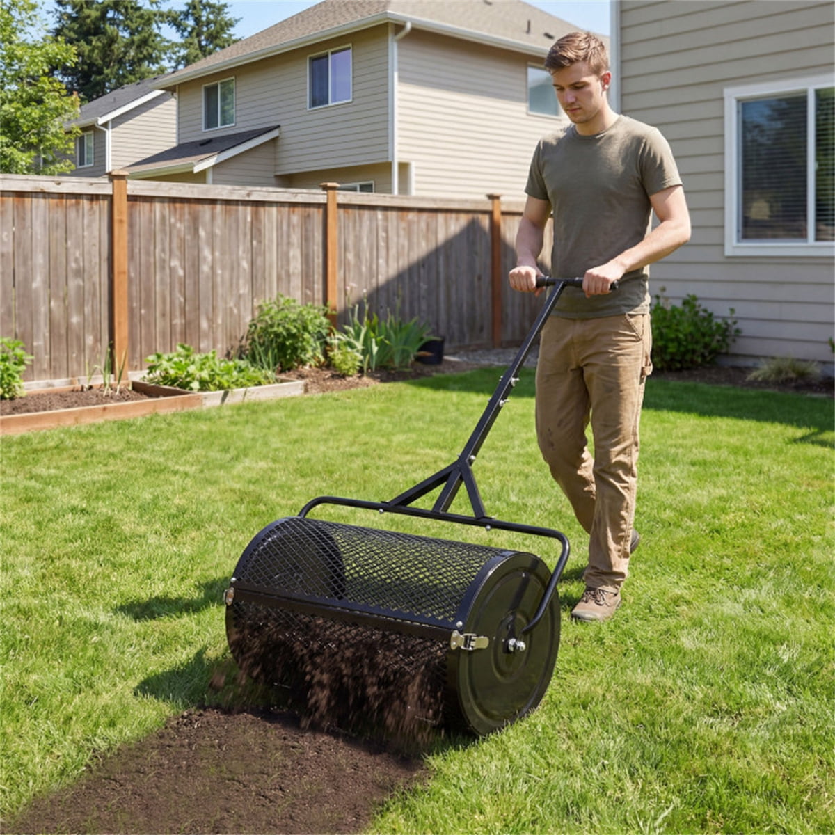 24" Lawn Topdressing Spreader with 0.75"×0.5" Mesh 2.7 Cu.ft Capacity Compost Spreader for Soil Sand Fertilizer Height-Adjustable Handle (Black)