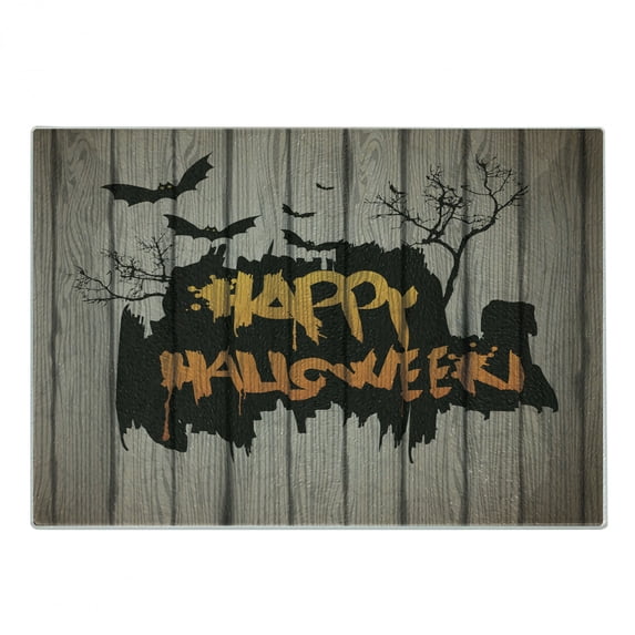 Halloween Cutting Board, Happy Graffiti Style Lettering on Rustic Wooden Fence Scary Evil Holiday Art, Decorative Tempered Glass Cutting and Serving Board, Small Size, Multicolor, by Ambesonne