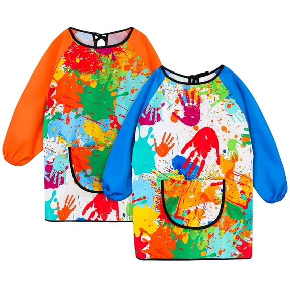 LUIISIS 2 Pack Kids Art Apron, Waterproof Painting Apron for Child 3-6 Years, Toddler Art Smock with Long Sleeve for Boys and Girls Painting Cooking Baking