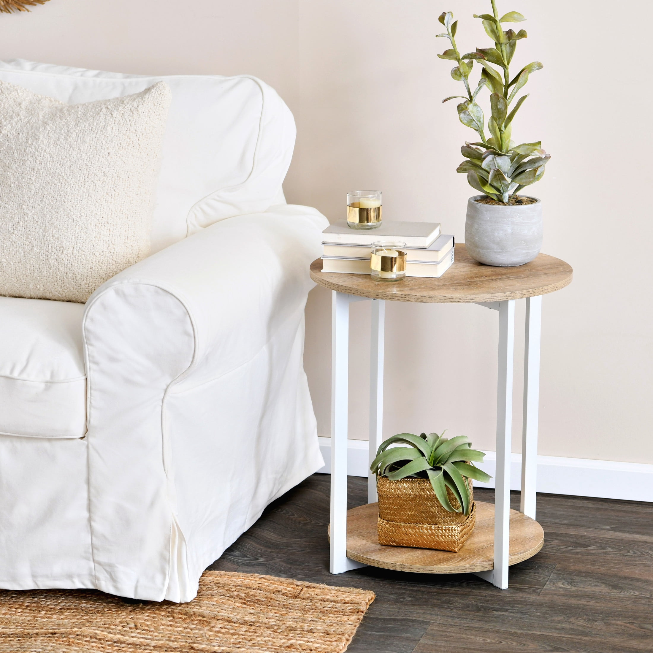 Household Essentials Jamestown Round Side End Table with Storage Shelf Coastal Oak Rustic Wood Grain and White Metal