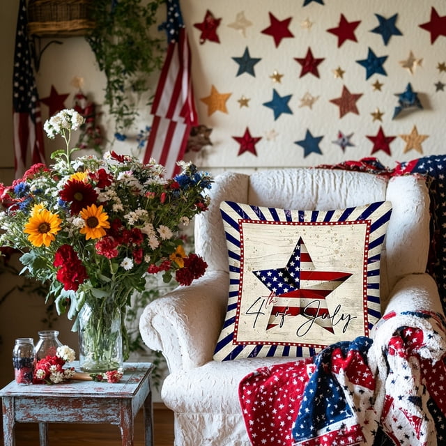 Xihbxyly Juego de Fundas de Cojín Patrióticas, Diseño de Bandera de Estrellas, Lino, Estilo Moderno, Decoración Del Hogar, Sofá, Dormitorio, Celebración Del 4 de Julio