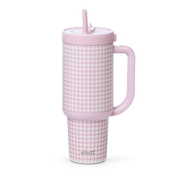 Vaso Ello Oasis de 30 onzas, aislante a prueba de fugas, rosa, a cuadros