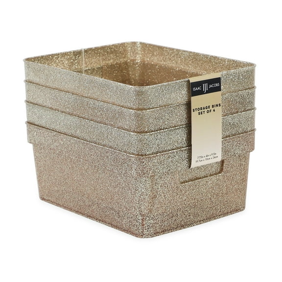 Isaac Jacobs 4-Pack Small Champagne Glitter Storage Bin Set with Cutout Handles, Plastic Organizers