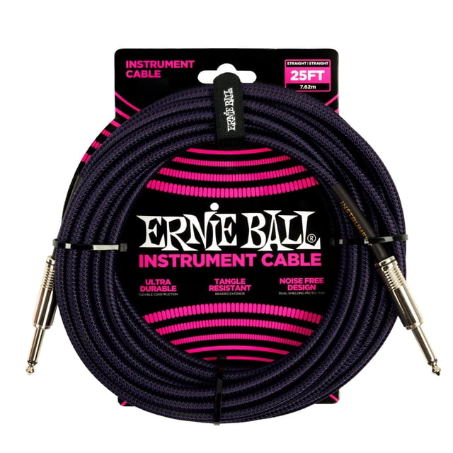 Ernie Ball Câble d'Instrument Tressé, Droit, 25 Pieds, Violet/noir