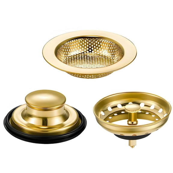 Gold Sink Drain Basket Cover Set, 3-Piece Stainless Steel Kitchen Accessories, Anti-Clog Design, Fits Most Sinks, Gold Kitchen Utensils, Anti-Clogging Kitchen Sink Filter Kit