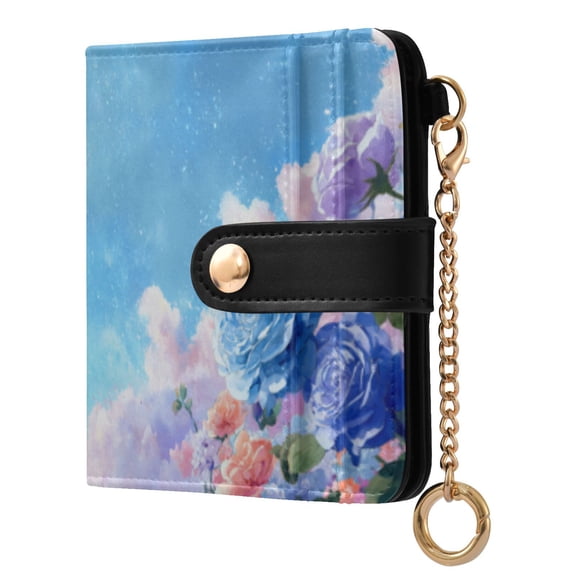 Qxltty Blue and White Rose Ladies Wallet Rfid Slim Thin Compact Credit Card Women Wallet Zipper Coin Pocket and ID Window for Female Gifts