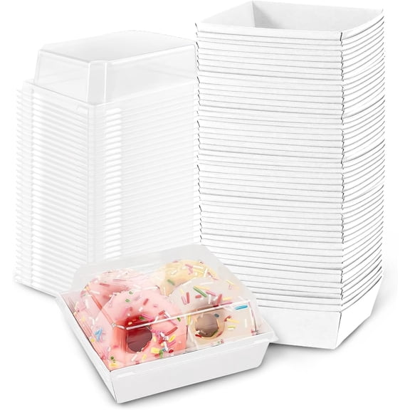 50 Pack Plastic Charcuterie Boxes with Clear Lids, 4" Small Paper to Go Food Container for Sandwich Salad Snack, Disposable Mini Bakery Dessert Boxes for Cupcakes Slice Cookies Strawberry White