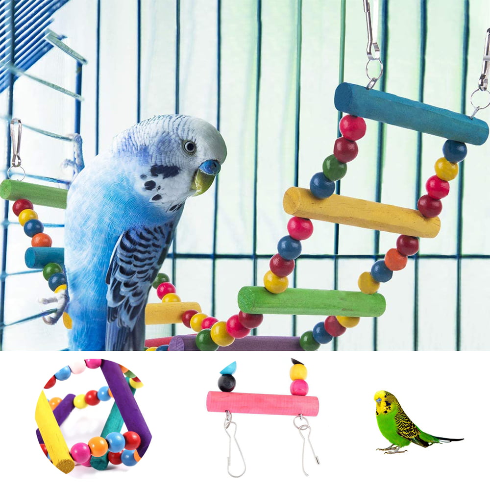Wood Ladder with Rope Swing Bridge for Lovebirds Parakeets Parrots African Grey Cockatiel Pet Training Toys Birds Toy