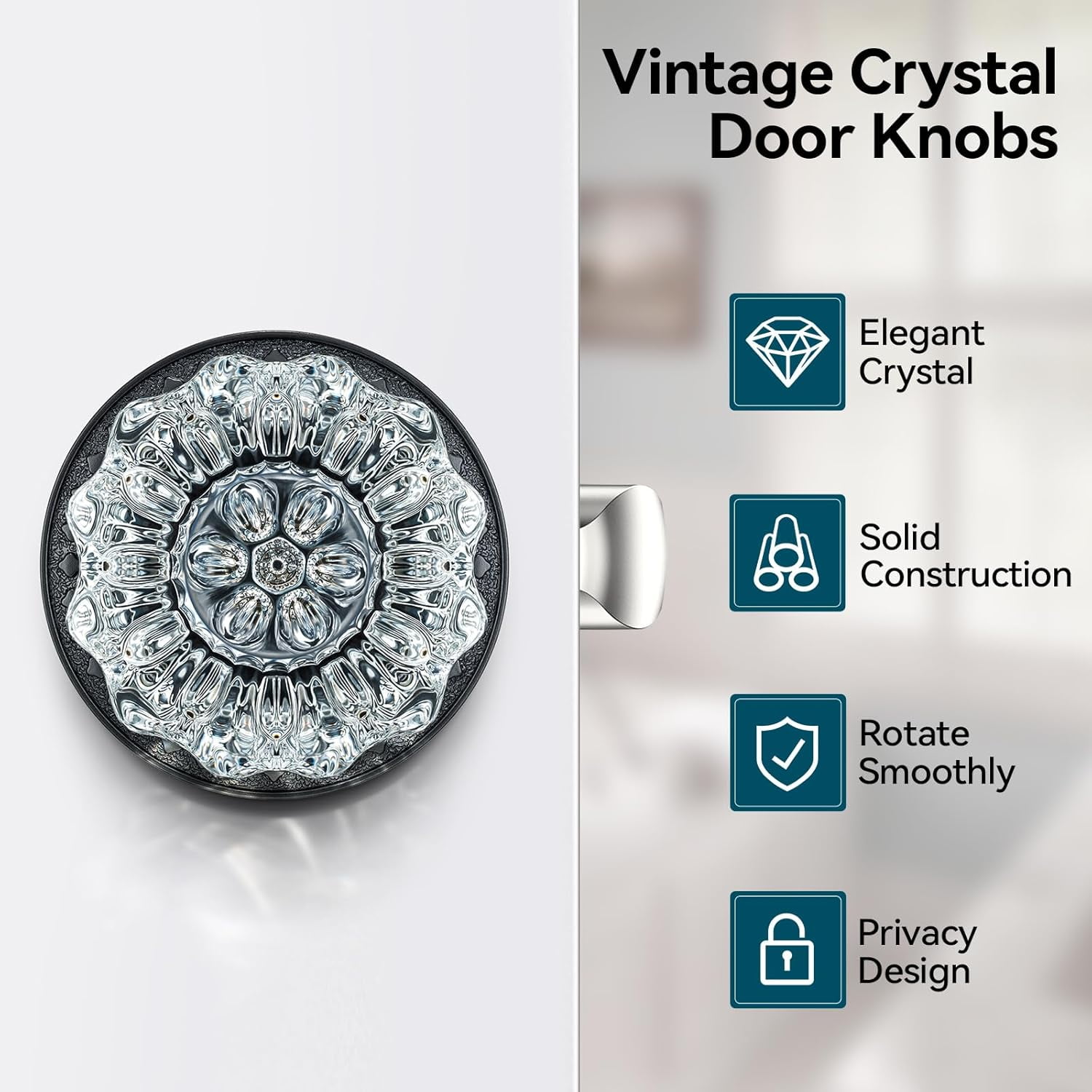 Scifil Vintage Crystal Glass Door Knob with Privacy Lock - Antique Interior Glass Knobs for Doors, Matte Black Door Handle for Bathroom/Bedroom- Adjustable Latch, 1 Pack