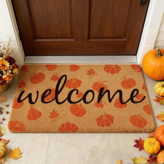 Fall Door Mat Outdoor Pumpkin Coir Welcome Doormat, Non Slip Fall Outdoor Rug for Thanksgiving Autumn Front Porch Kitchen Bathroom Farmhouse Floor Door Decor 17 x 30 Inch