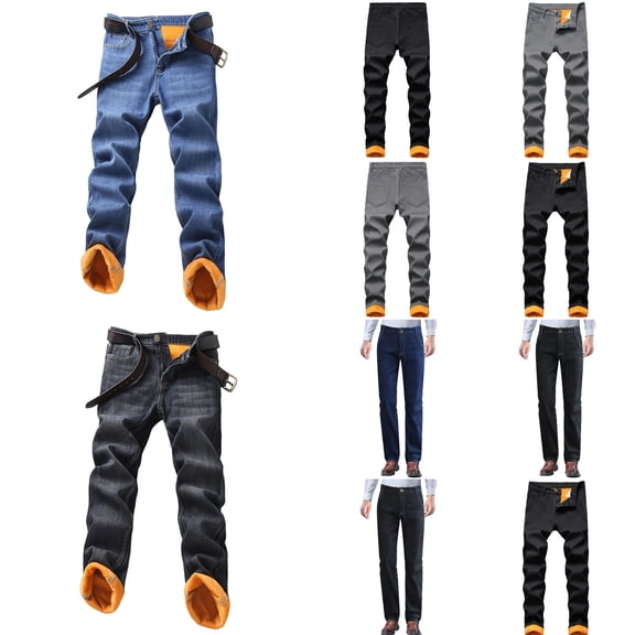 Mens Lined Thicken Warm Jeans Straight Leg Stretch Fall Winter Thermal Denim Pants Black 36