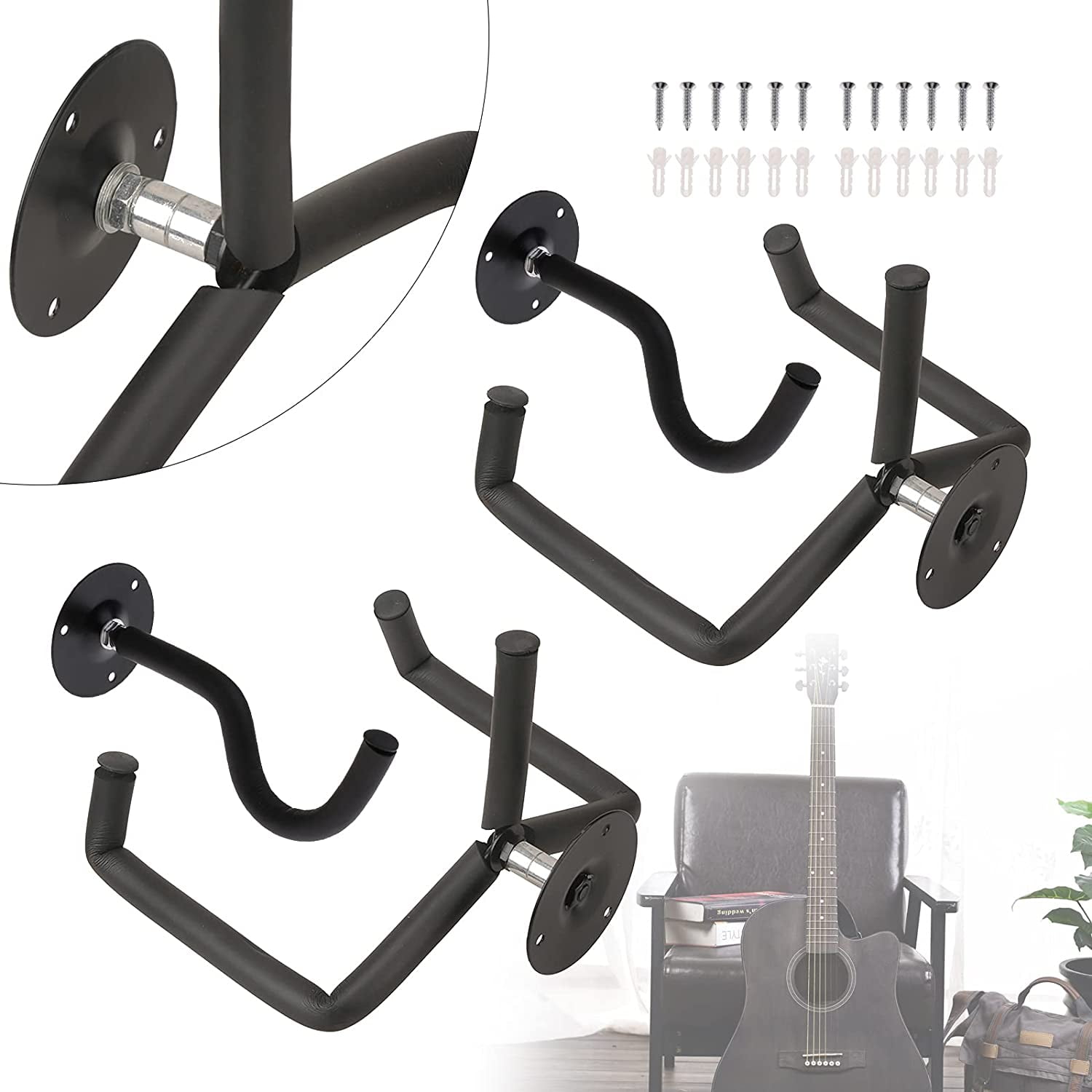 Fichiouy 2Pcs Wall Mount Guitar Hanger Rack with Screws, Black