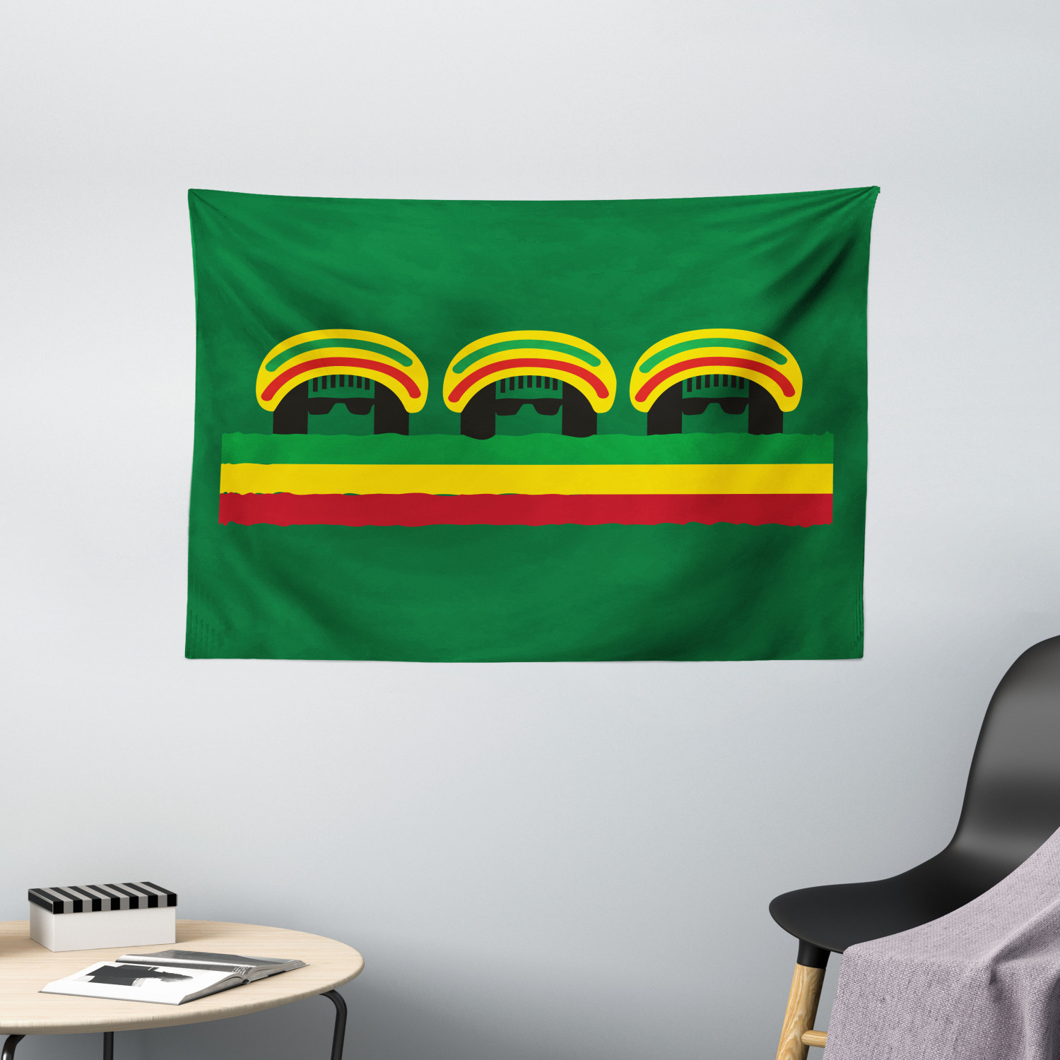 Jamaican Tapestry, Jamaican Reggae Culture Inspired Minimal Head Shapes with Hats Country Flag 