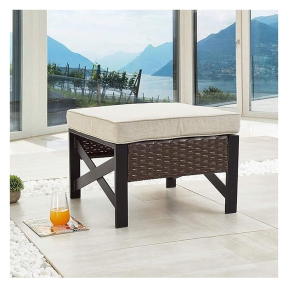 Outdoor Wicker Ottoman with Cushion Patio Bistro All Weather Rattan Furnitur Footrest Seat Steel X-Leg, Brown