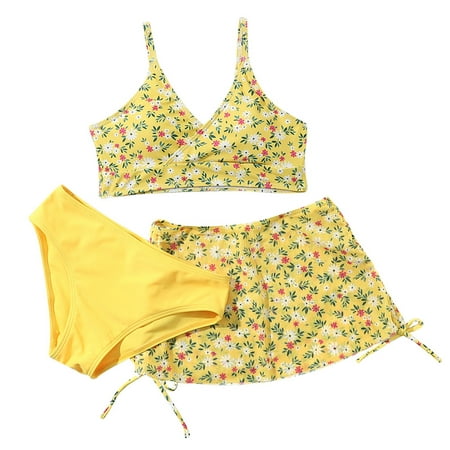 8-12 Years Big Girl s 3 Piece Swimsuits Printed Bikini Bathing Suit with Cover Up UPF 50+