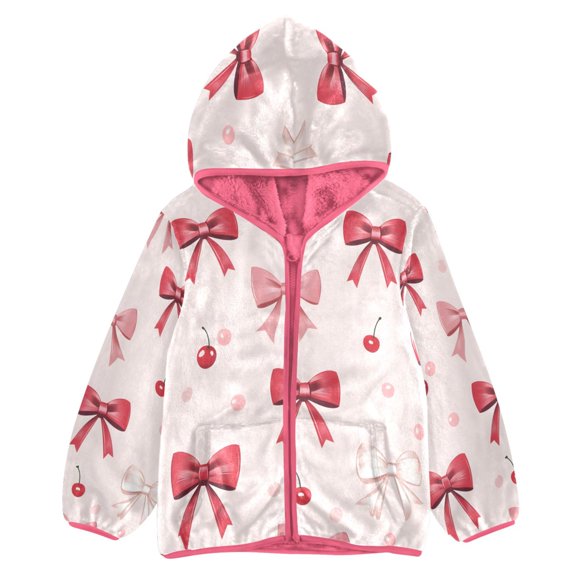 BZSMCE Double-Sided Sherpa Fleece Hooded Zipper Jacket Pink Bow Cherry Pattern Print Warm Outerwear