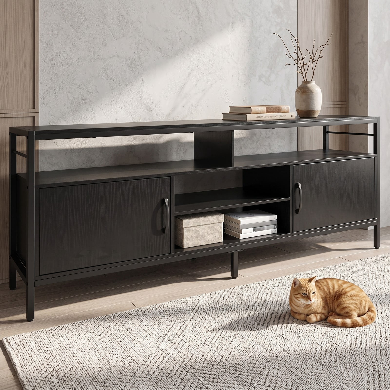 Furnibear 58 Inch Industrial TV Stand for TVs up to 65 Inch, Wood Entertainment Center Media Console with 2 Cabinets, 4 Open Shelves and Adjustable Middle Shelf, Black