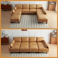 thumbnail image 6 of 128" Sleeper Sofa Couch, Large Sofa Bed with Storage, Faux Leather 8 Seater Sofa Couch, Mid Century Modern Couch Sofa for Living Room, Guest Room, House, Apartment, Office, Loft, Tan, 6 of 26