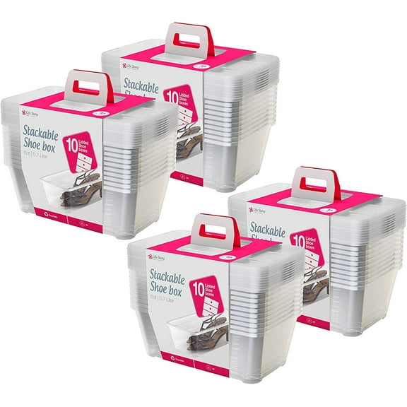 Osmanthus 6 Liter Plastic Storage Container Set, Stackable Shoe, Accessory, and Home Closet Organizational Tote Bins with Secure Lids, 40 Pack, Clear